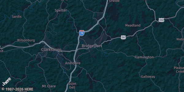 Map of Bridgeport, WV. The exact address of this venue is not known, so the map shows the area rather than a specific building.