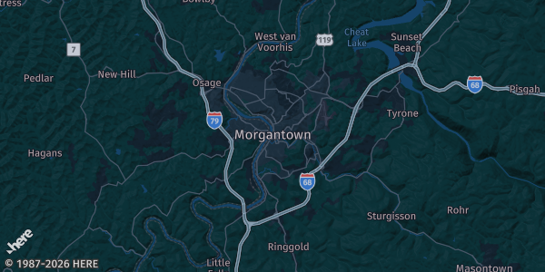 Map of Morgantown, WV. The exact address of Mylan Park is not known, so the map shows the area rather than a specific building.