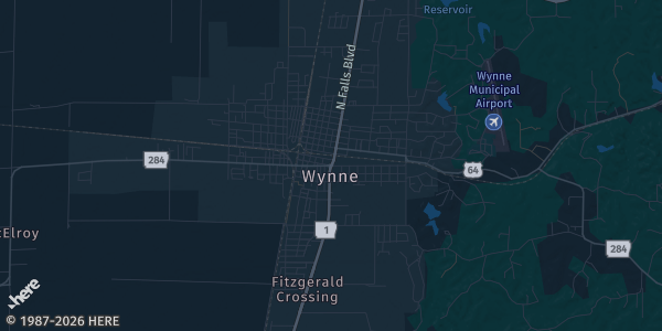 Map of Wynne, AR. The exact address of Wynne Economic Developemet Corp. is not known, so the map shows the area rather than a specific building.