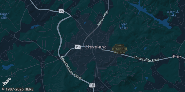 Map of Cleveland, GA. The exact address of Cleveland Parks and Rec is not known, so the map shows the area rather than a specific building.