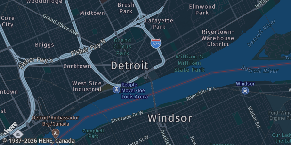 Map of Detroit, MI. The exact address of Huntington Place is not known, so the map shows the area rather than a specific building.