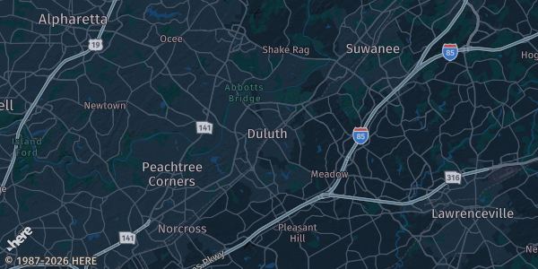 Map of Duluth, GA. The exact address of Duluth (venue TBA) is not known, so the map shows the area rather than a specific building.