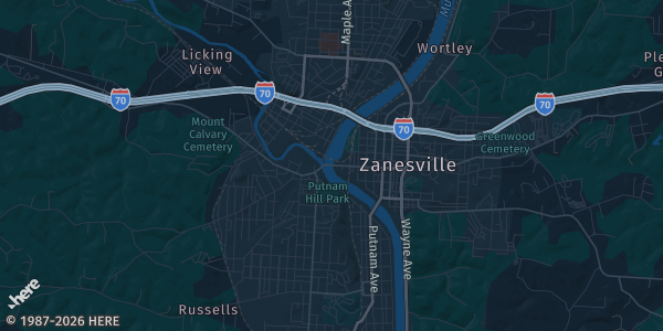 Map of Zanesville, OH. The exact address of Colony Square Mall is not known, so the map shows the area rather than a specific building.