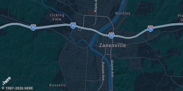 Map of Zanesville, OH. The exact address of Colony Square Mall is not known, so the map shows the area rather than a specific building.
